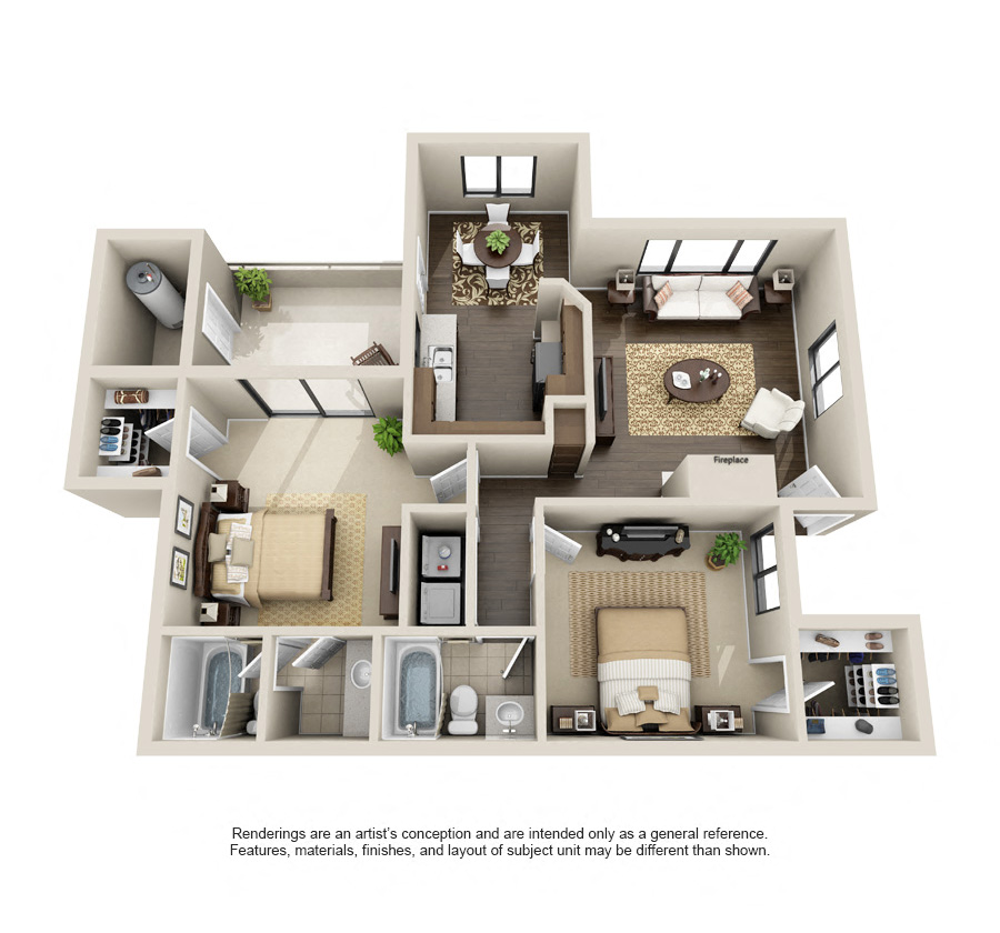 Floor plan for 2 beds, 2 baths, 1050 sqft