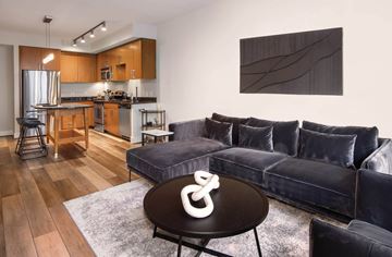 Washington apartment for rent - A modern living room with a black couch and a coffee table.