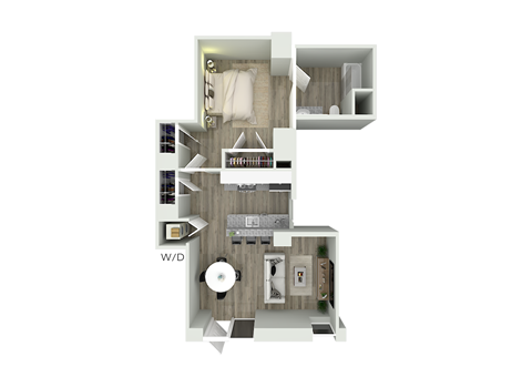 Floor plan for 1 bed, 1 bath, 595 sqft
