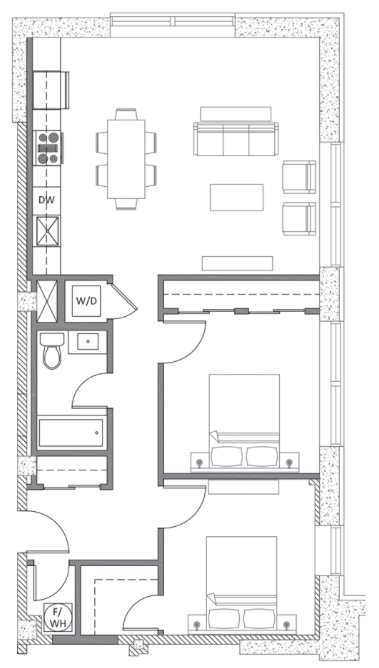 Floor plan for 2 beds, 1 bath, 1038 sqft