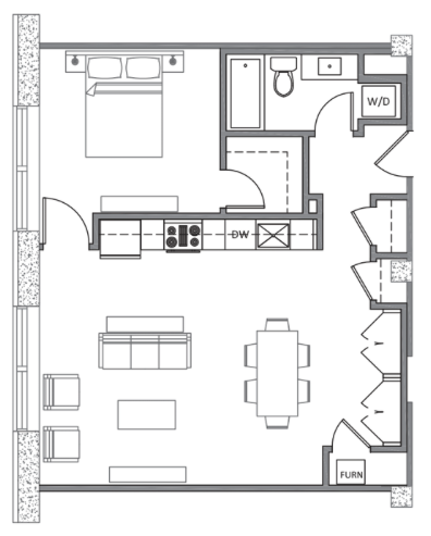Floor plan for 1 bed, 1 bath, 755 sqft