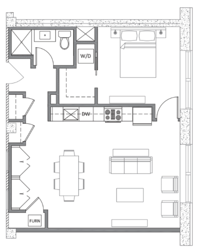Floor plan for 1 bed, 1 bath, 755 sqft