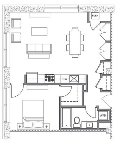 Floor plan for 1 bed, 1 bath