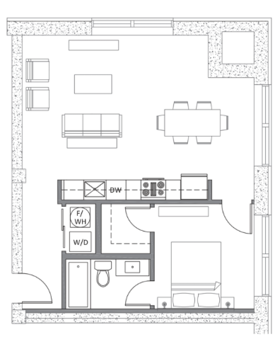 Floor plan for 1 bed, 1 bath, 755 sqft