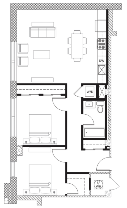 Floor plan for 2 beds, 1 bath, 925 sqft
