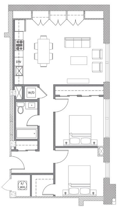 Floor plan for 2 beds, 1 bath, 925 sqft