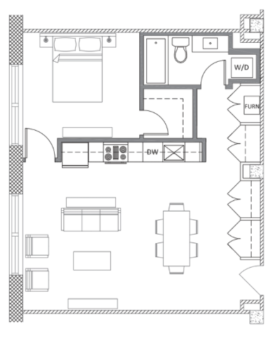 Floor plan for 1 bed, 1 bath, 755 sqft
