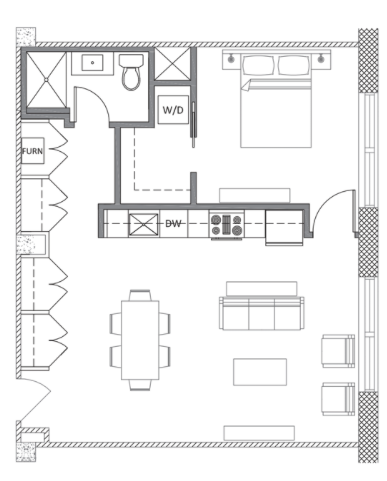 Floor plan for 1 bed, 1 bath, 755 sqft