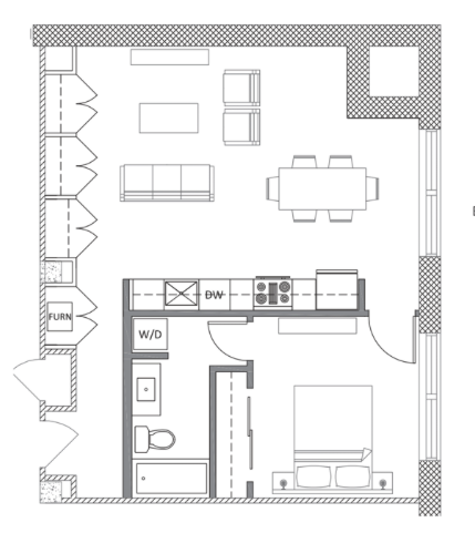 Floor plan for 1 bed, 1 bath, 755 sqft