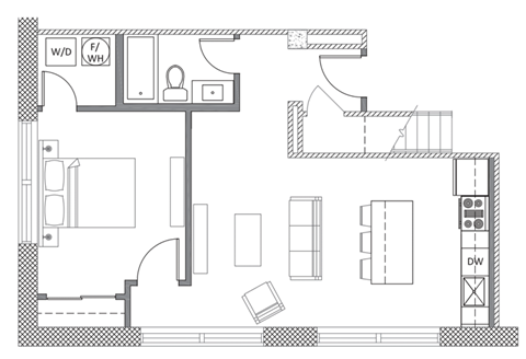 Floor plan for 1 bed, 1 bath, 650 sqft
