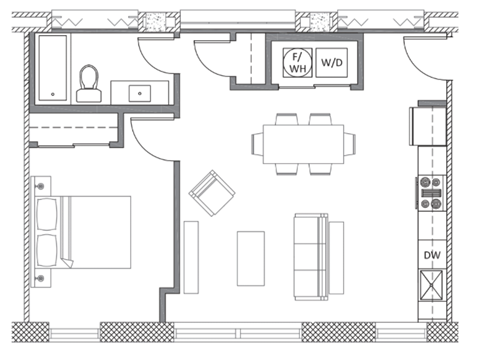 Floor plan for 1 bed, 1 bath