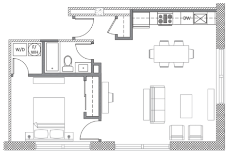 Floor plan for 1 bed, 1 bath, 650 sqft