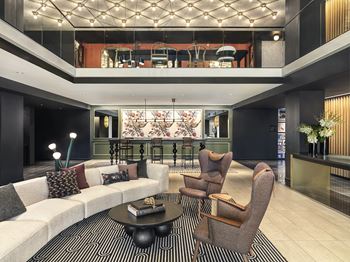 Two-story hotel-inspired lobby