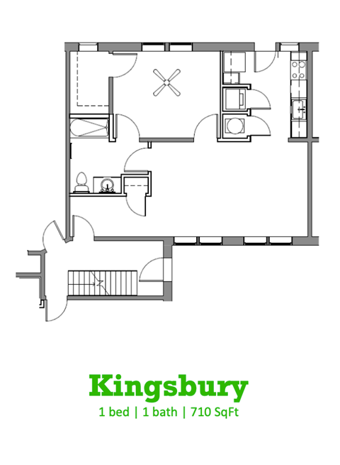 Floor plan for 1 bed, 1 bath, 710 sqft