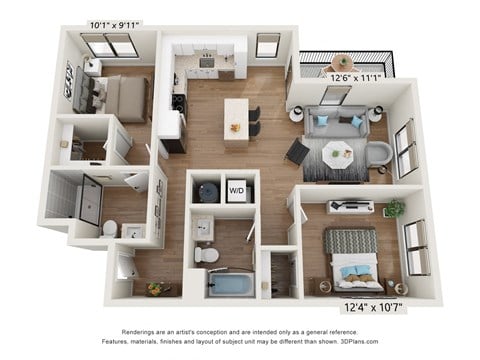 Floor plan for 2 beds, 2 baths, 1004 sqft