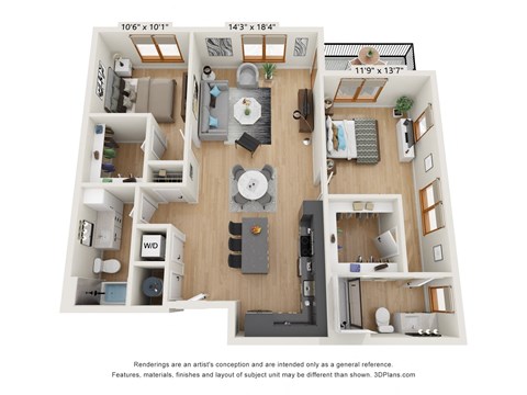Floor plan for 2 beds, 2 baths, 1203 sqft