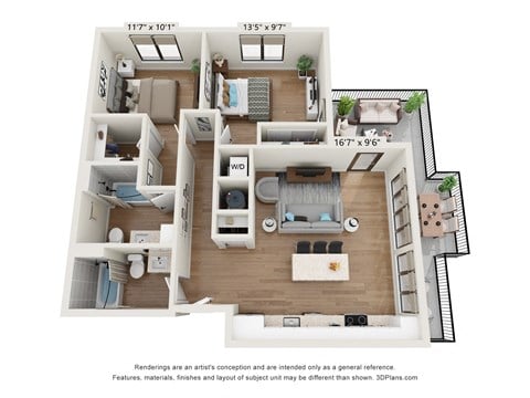 Floor plan for 2 beds, 2 baths, 1032 sqft