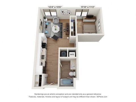 Floor plan for 1 bed, 1 bath, 618 sqft