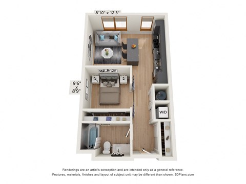Floor plan for studio, 1 bath, 590 sqft