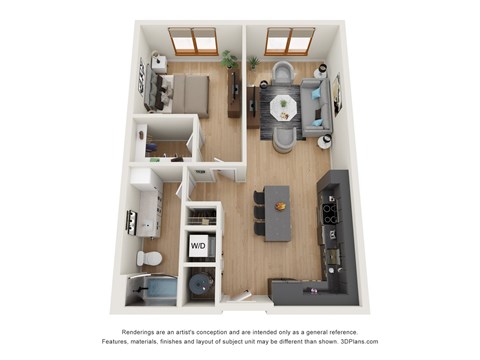 Floor plan for 1 bed, 1 bath, 842 sqft