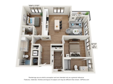 Floor plan for 2 beds, 2 baths, 1104 sqft