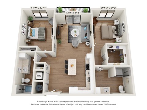 Floor plan for 2 beds, 2 baths, 1029 sqft