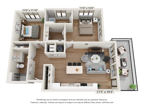 Floor plan for 2 beds, 2 baths, 1123 sqft