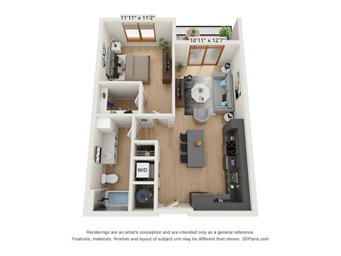 Floor plan for 1 bed, 1 bath, 705 sqft