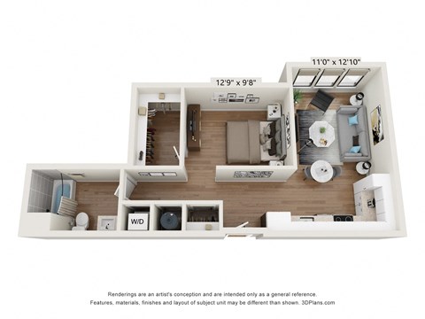 Floor plan for 1 bed, 1 bath, 723 sqft