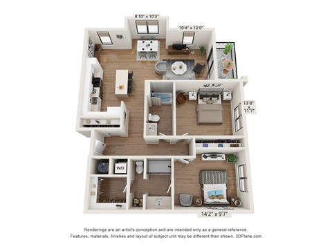 Floor plan for 2 beds, 2 baths, 1259 sqft