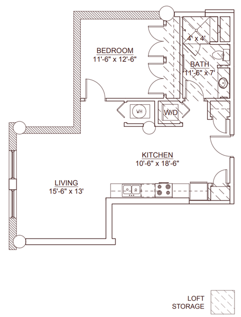 Floor plan for 1 bed, 1 bath, 750 sqft