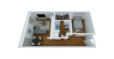 Floor plan for 1 bed, 1 bath, 605 sqft