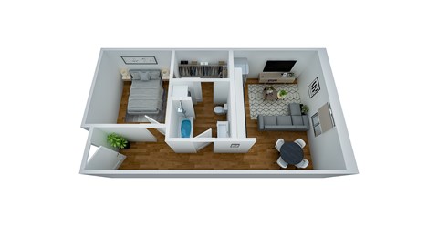 Floor plan for 1 bed, 1 bath, 614 sqft