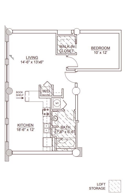 Floor plan for 1 bed, 1 bath, 748 sqft