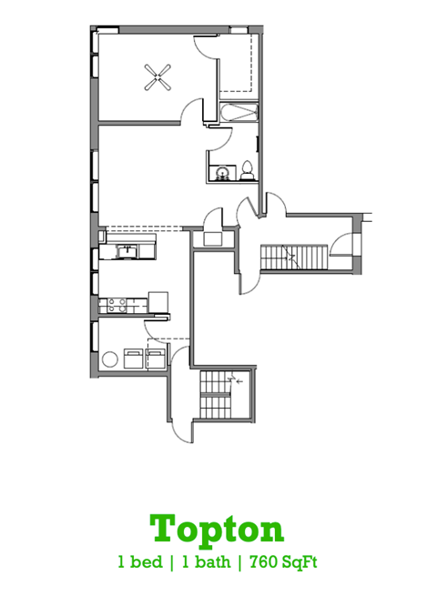 Floor plan for 1 bed, 1 bath, 760 sqft