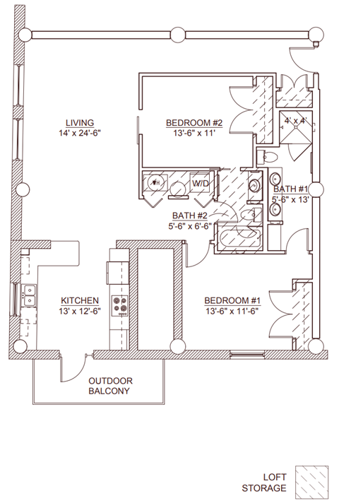 Floor plan for 2 beds, 2 baths, 1251 sqft