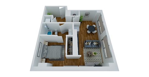 Floor plan for 1 bed, 1 bath, 631 sqft