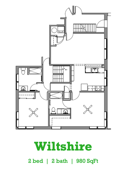 Floor plan for 2 beds, 2 baths, 980 sqft
