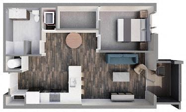Floor plan for 1 bed, 1 bath, 774 sqft