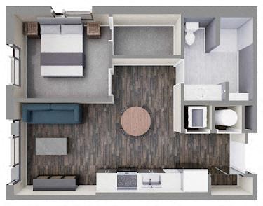 Floor plan for 1 bed, 1 bath, 684 sqft