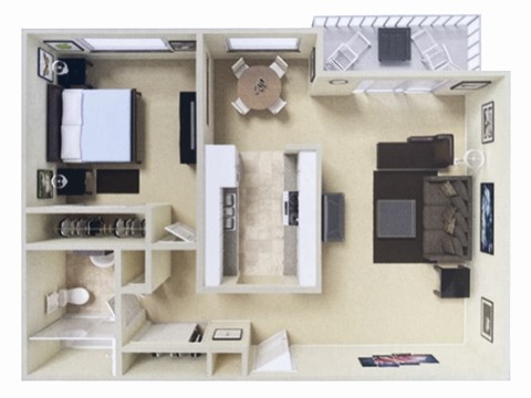 Floor plan for 1 bed, 1 bath, 630 sqft