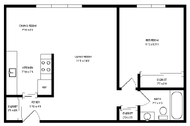 Floor plan for 1 bed, 1 bath, 672 sqft