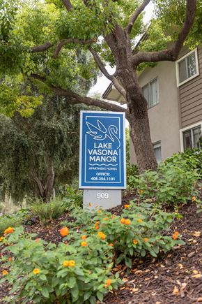 Los Gatos townhouse for rent - a sign for the lake marina in front of a building
