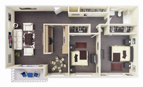 Floor plan for 2 beds, 1 bath, 860 sqft