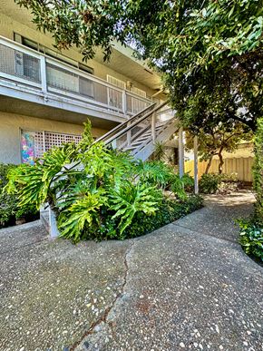 San Jose apartment for rent - a building with a staircase and plants in front of it