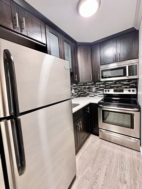 Burlingame apartment for rent - a kitchen with black cabinets and stainless steel appliances