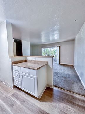 San Jose apartment for rent - an empty kitchen and living room in a house with a large window