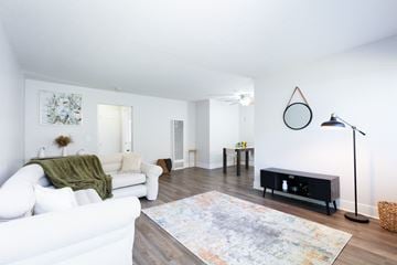 Campbell apartment for rent - A white couch with a green throw is in a living room with a rug and a black speaker.