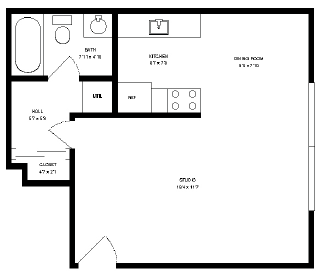 Floor plan for studio, 1 bath, 420 sqft