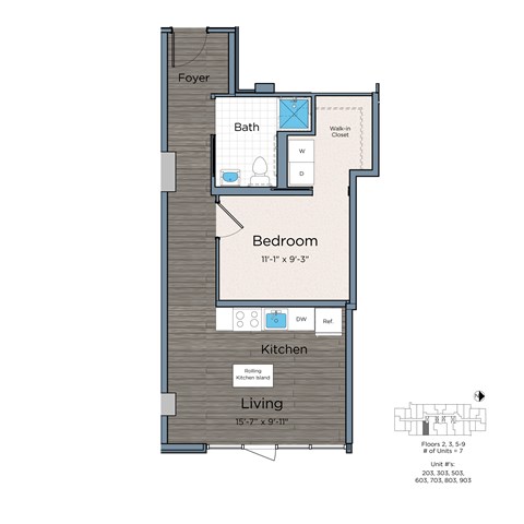 Floor plan for 1 bed, 1 bath, 542 sqft